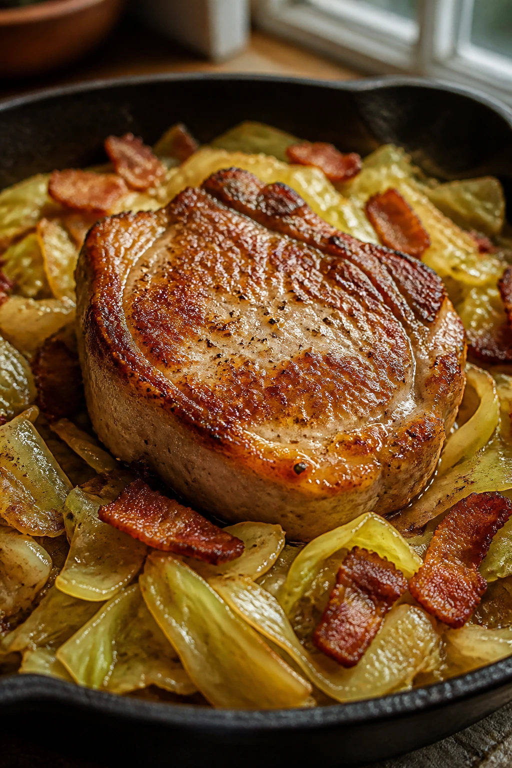 Close-up of pork chop with cabbage and bacon