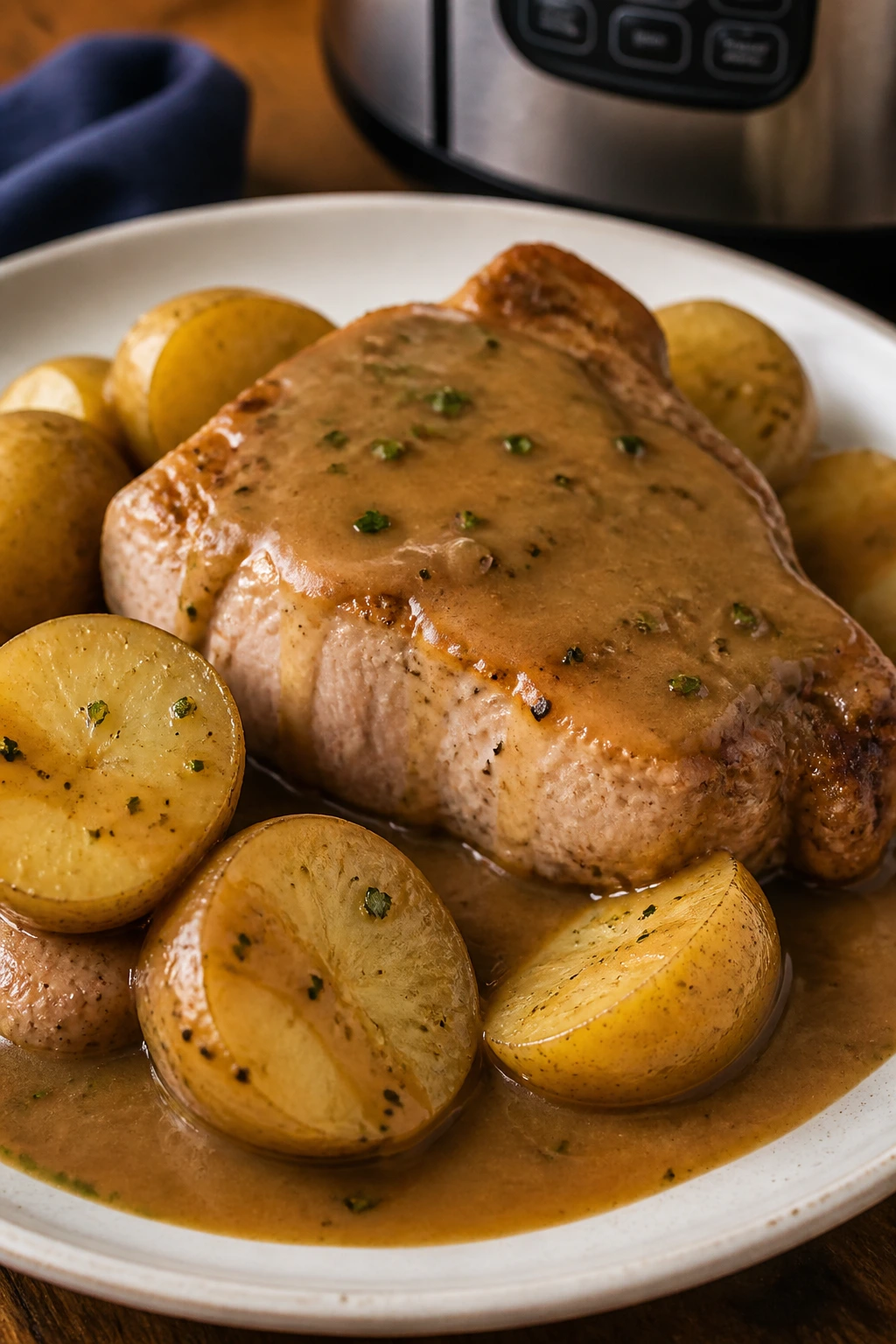 Pork chop with gravy and potatoes on a plate in a warm kitchen