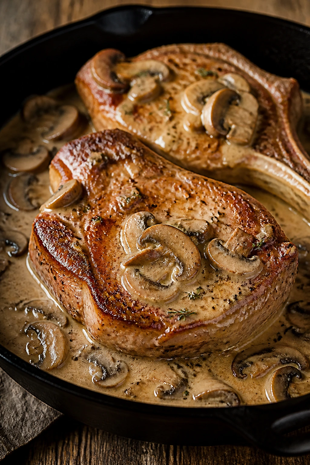 Close-up of pork chop with mushroom cream sauce in cast iron skillet