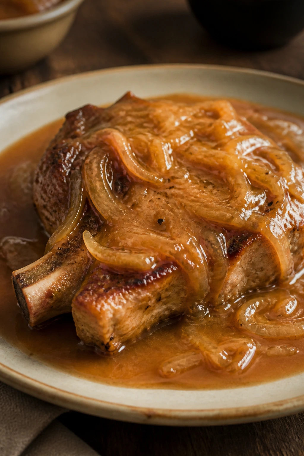 Pork chop with onion gravy on plate