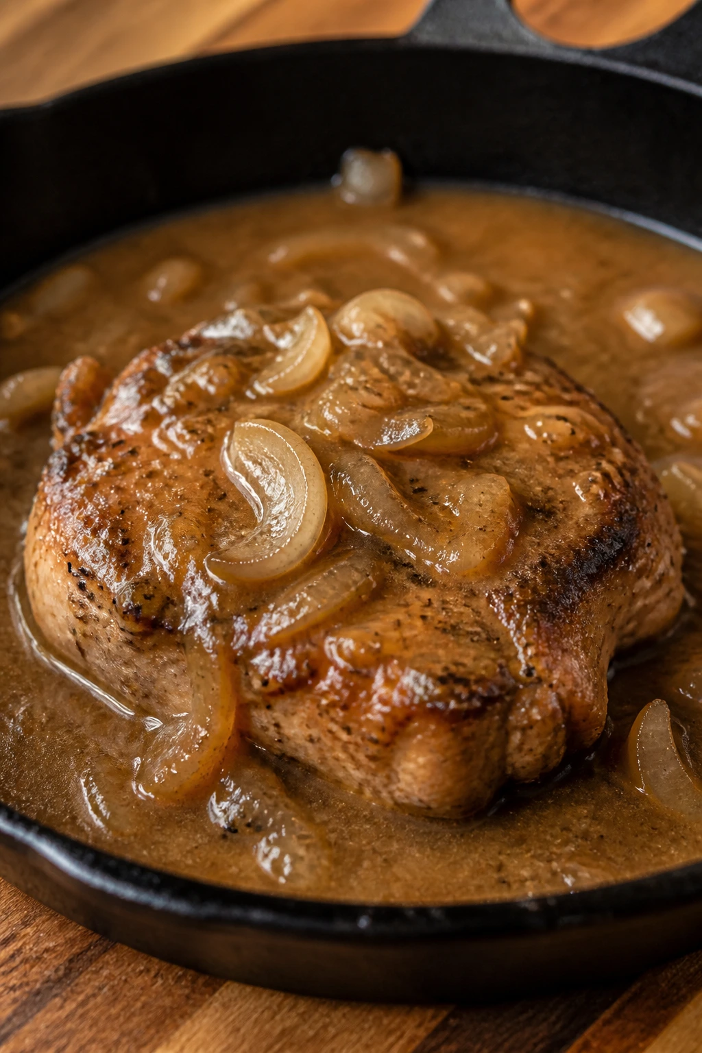 Close-up of pork chops smothered in onion gravy in a skillet