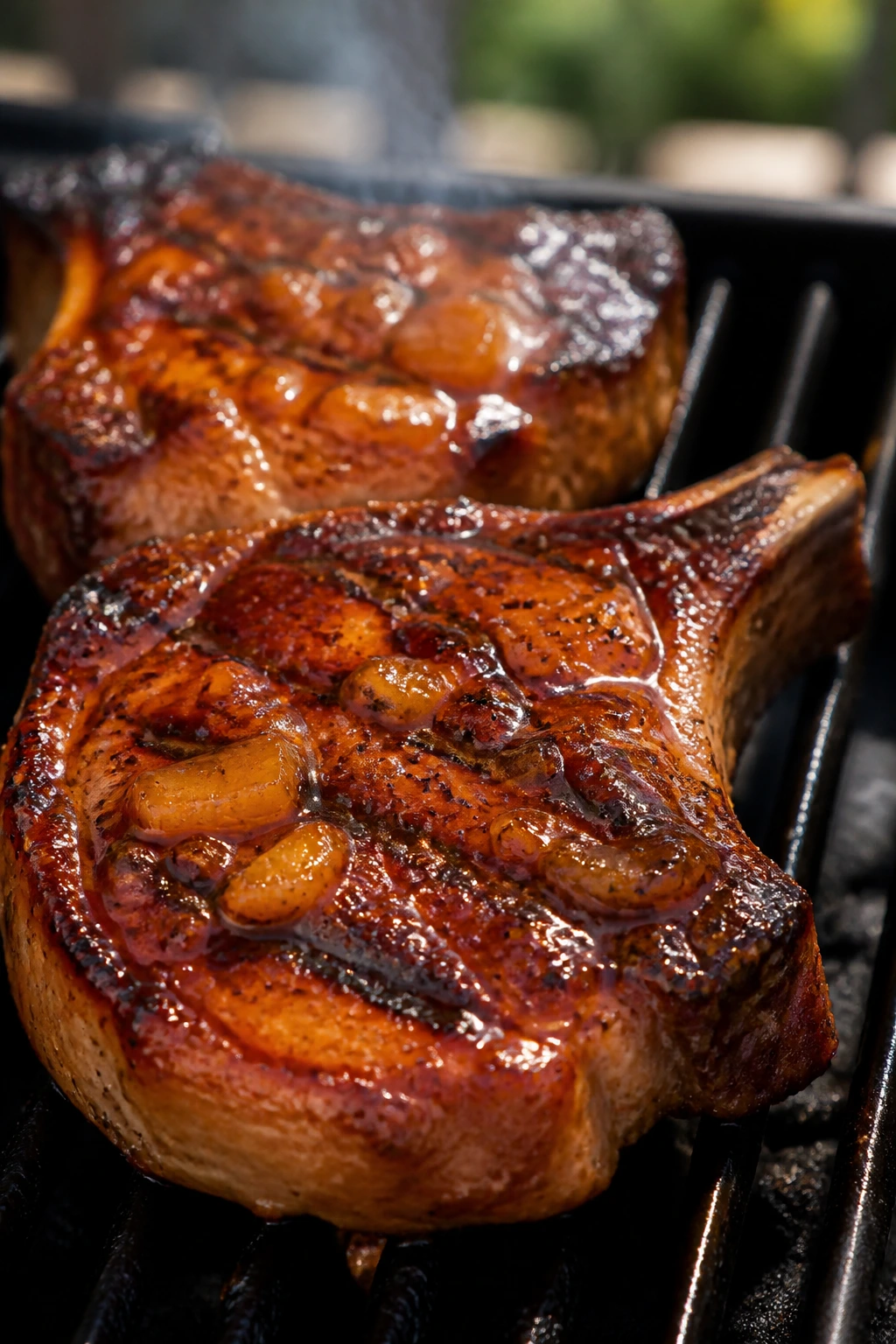Bone-in pork chop with peach glaze on grill in backyard setting.
