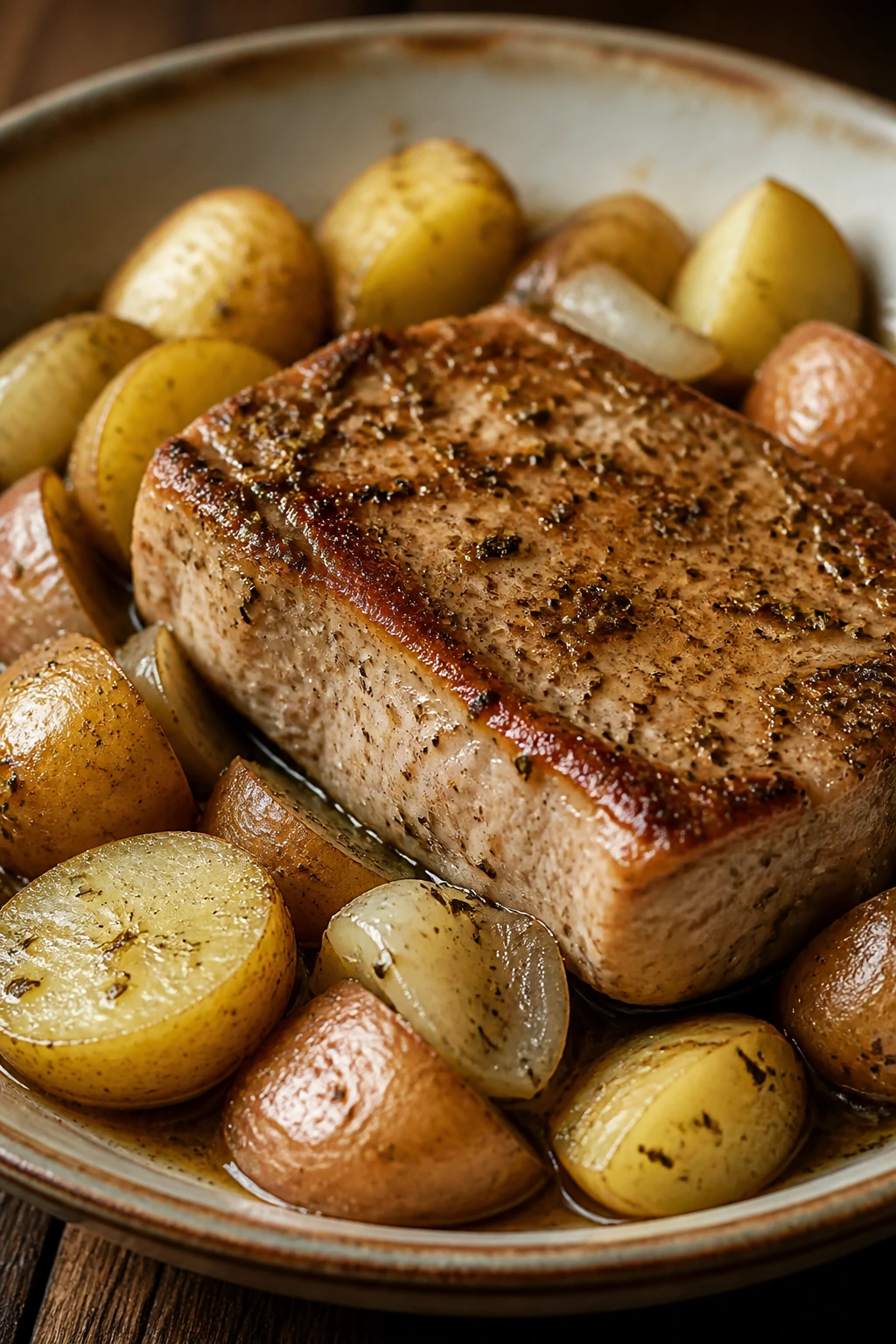Close-up of pork chops with potatoes and onion on a rustic plate