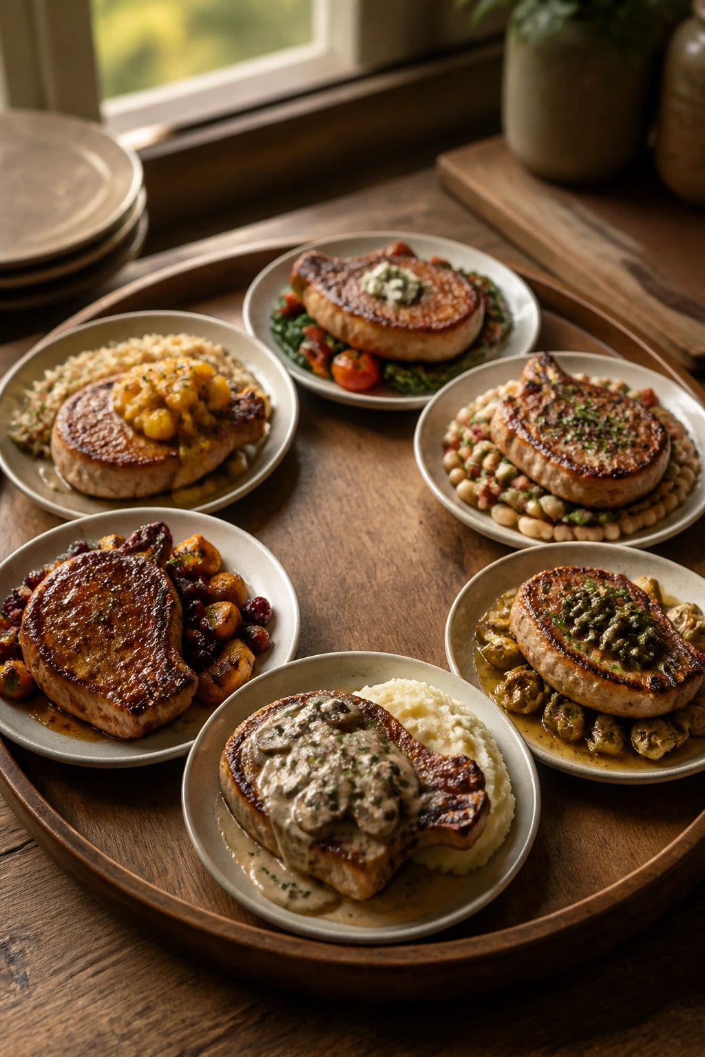 Close-up of a circular pork chop collection on a rustic table