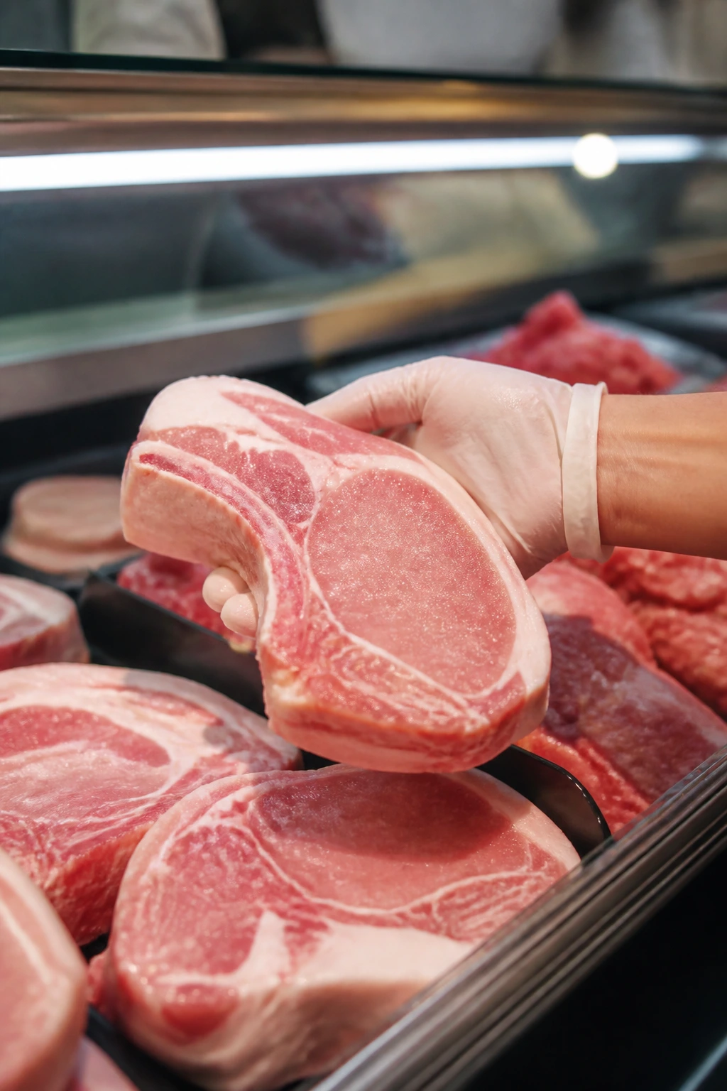 Close-up of a thick bone-in pork chop being selected in a grocery meat case.