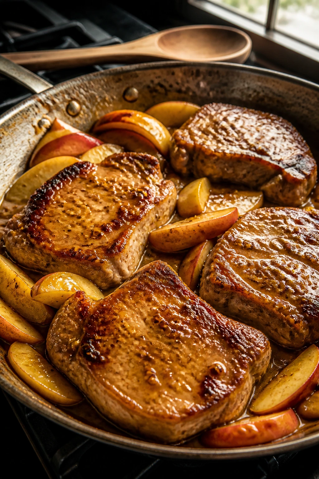 Close-up of honey mustard pork chops and apples in a glossy skillet sauce