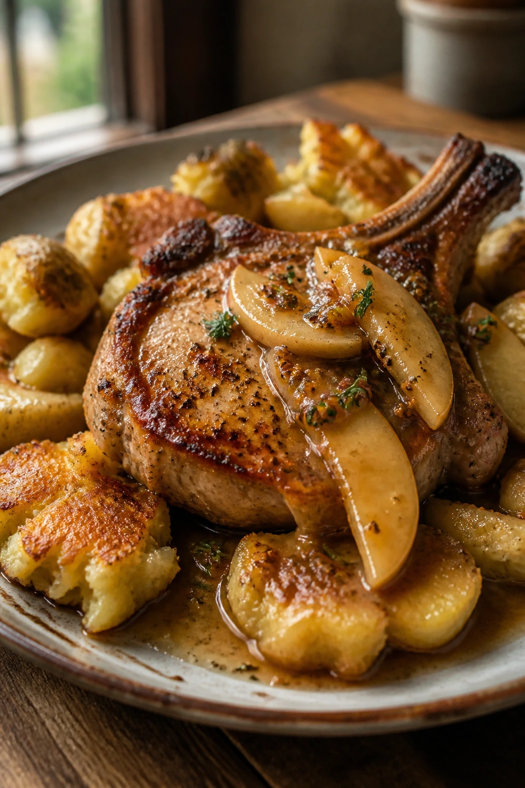 Close-up of pork chops with apple mustard pan sauce atop smashed potatoes