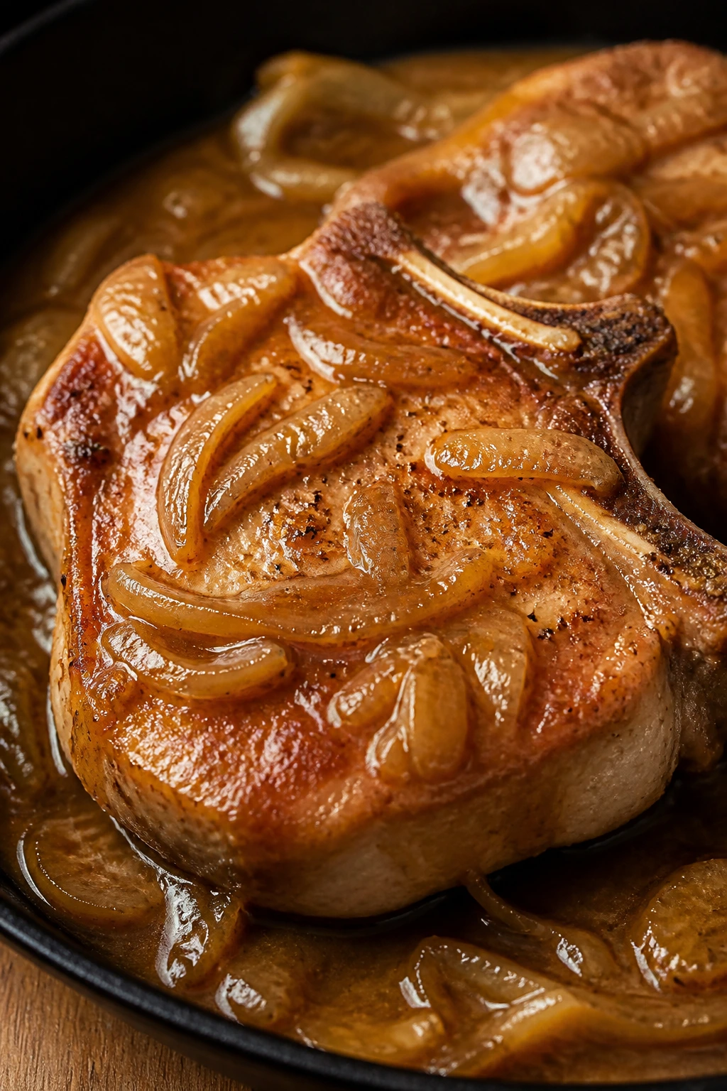 Bone-in pork chop with onion gravy in skillet