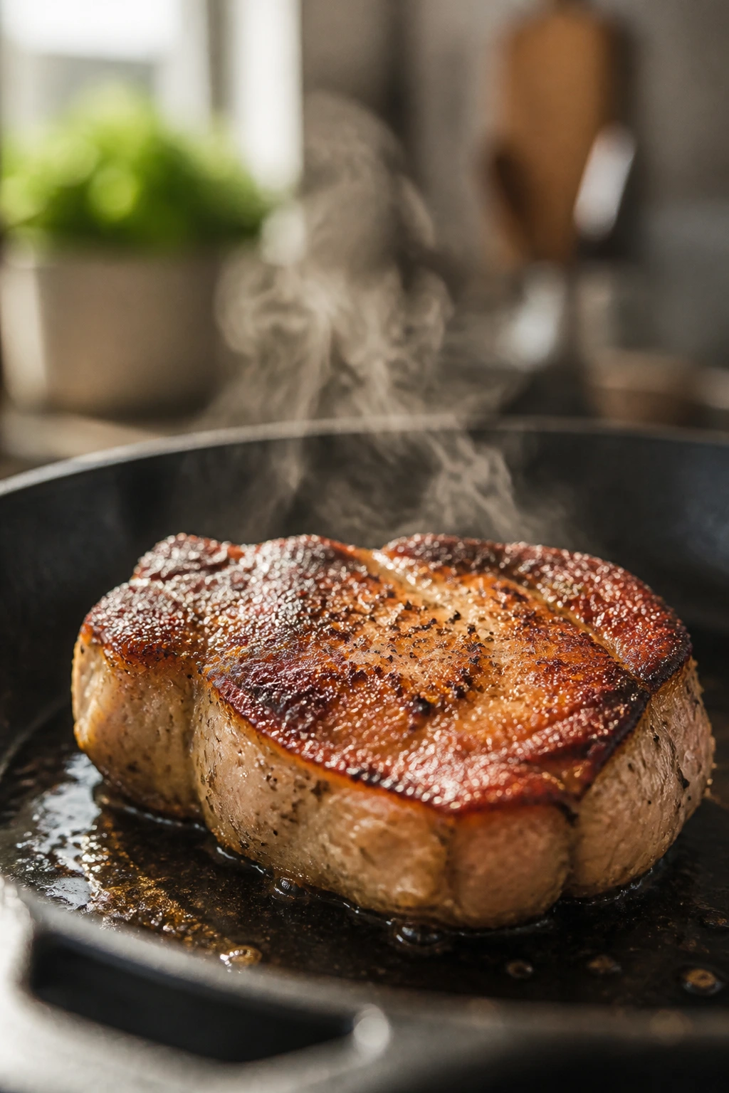 Close-up of seared pork chop in a skillet