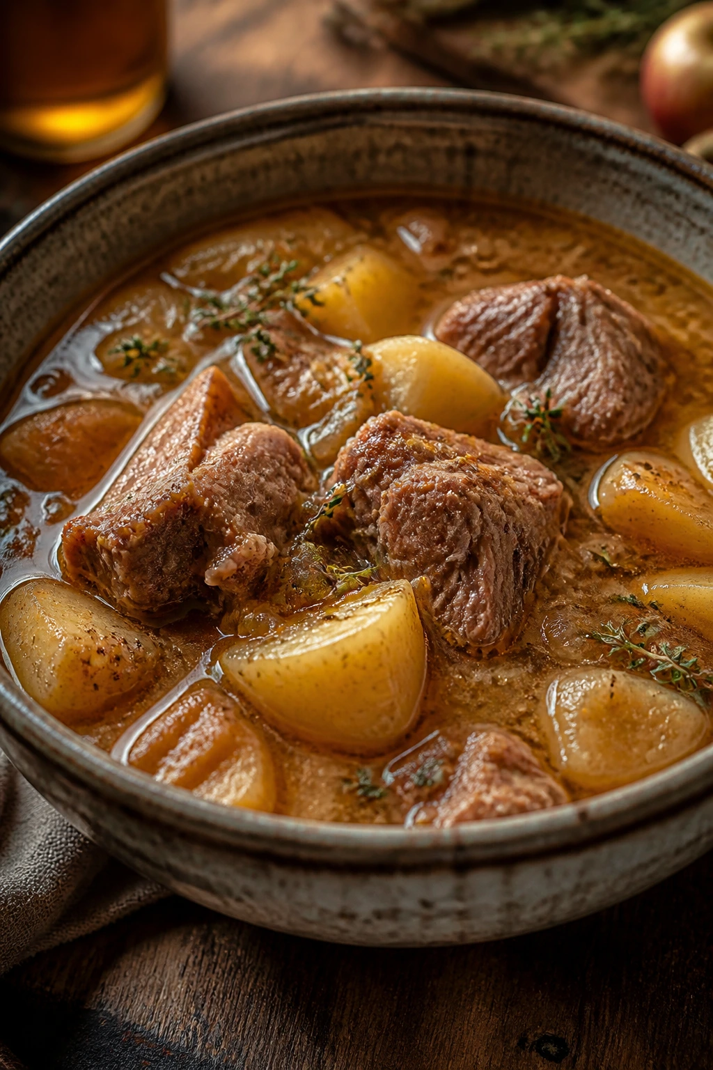 Close-up of Pork and Cider Stew with pork, potatoes in amber cider broth.