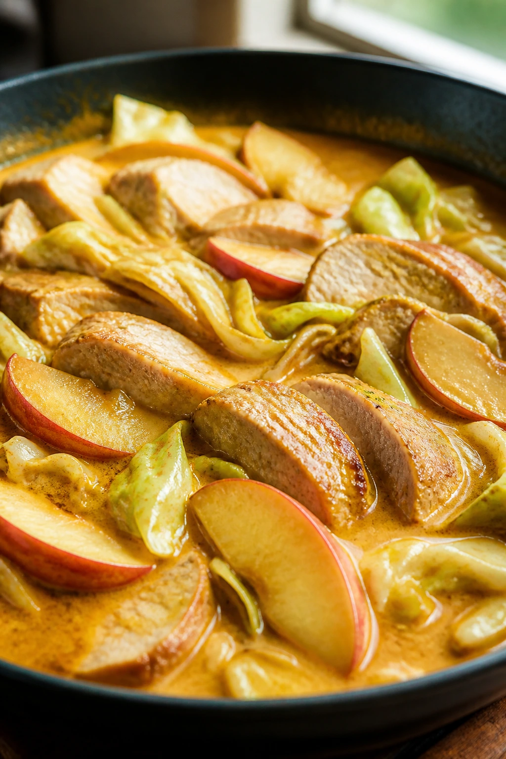 Close-up of pork in coconut curry with cabbage and apple