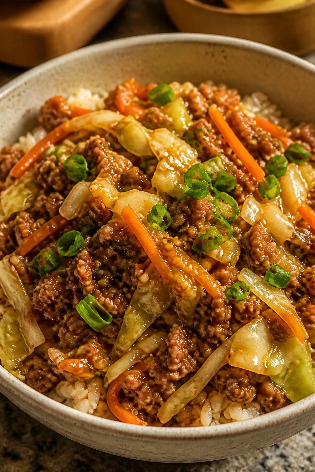 Close-up pork egg roll rice bowl with cabbage and pork.