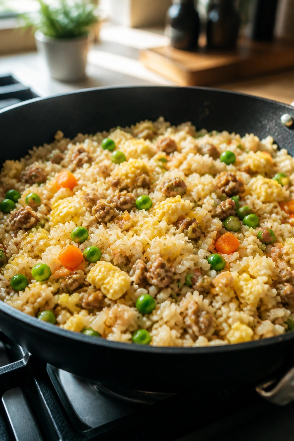 Pork fried rice with vegetables in a skillet on stovetop