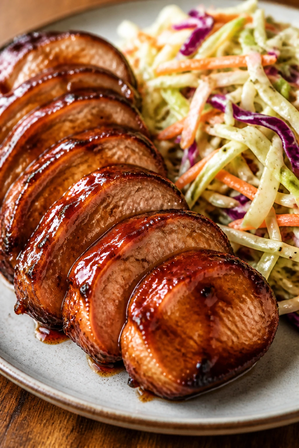 Pork medallions with BBQ glaze and tangy slaw on plate