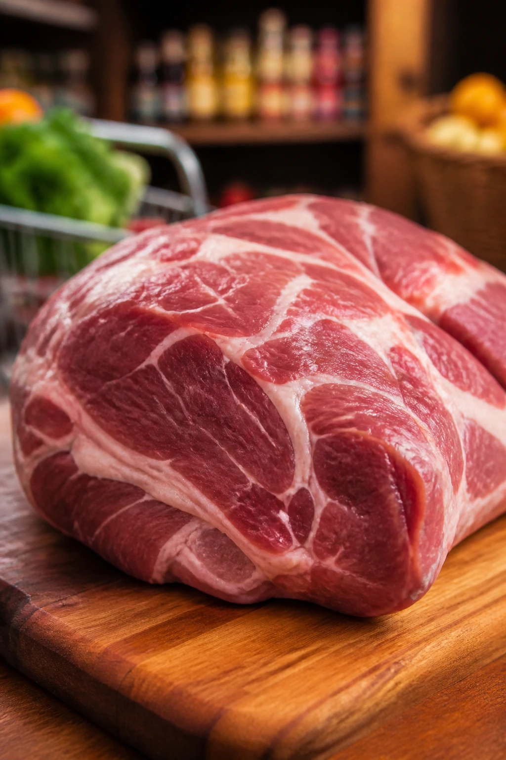 Pork shoulder roast on cutting board in warm kitchen