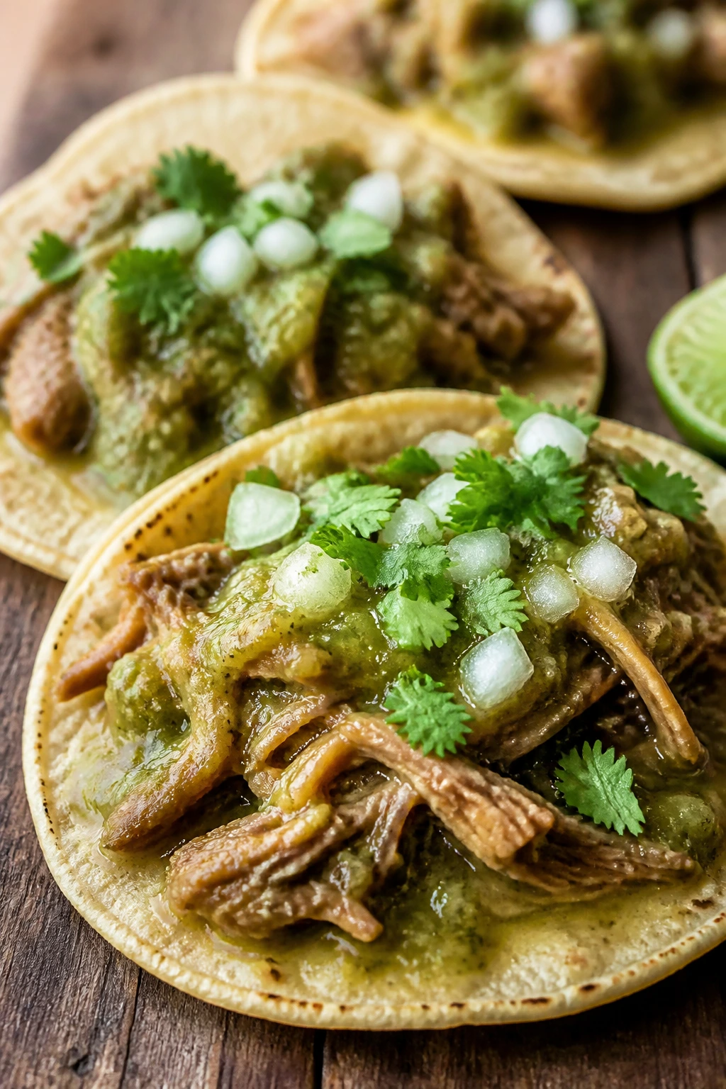 Close-up of Chile Verde Pork Street Tacos with verde sauce on a rustic wooden board