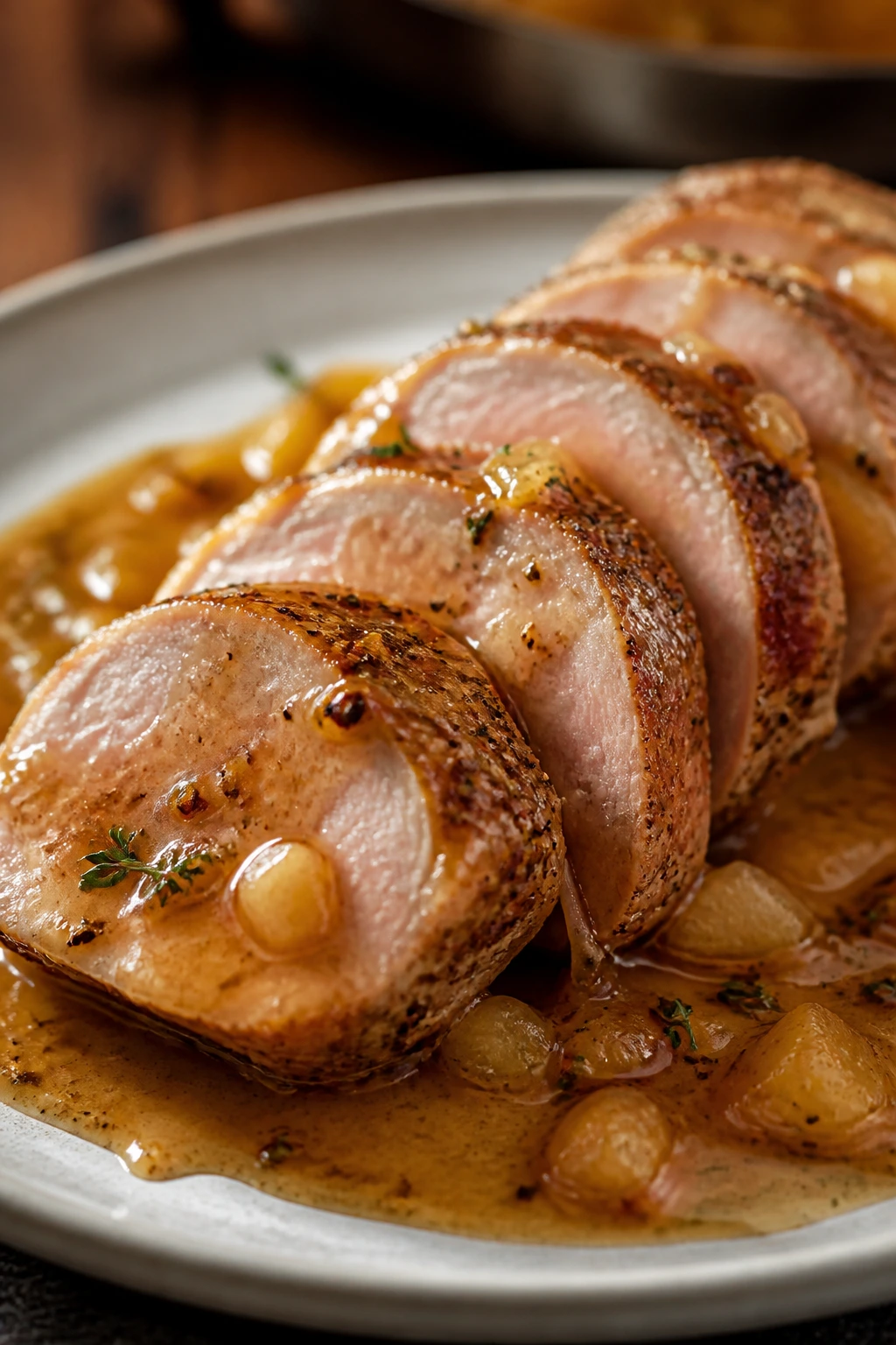 Sliced pork tenderloin with apple cider pan sauce