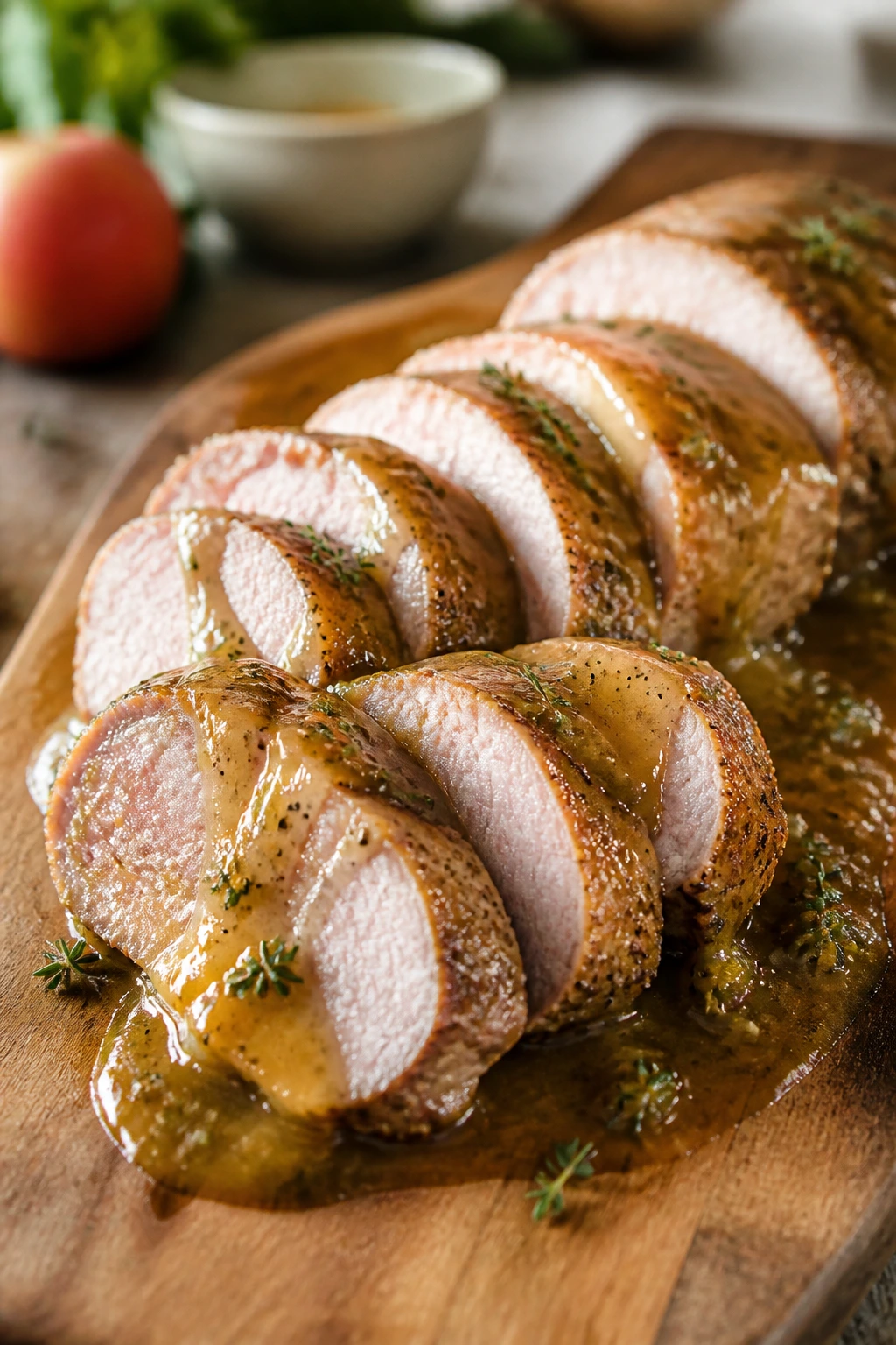 Close-up of pork tenderloin with apple cider pan sauce on cutting board