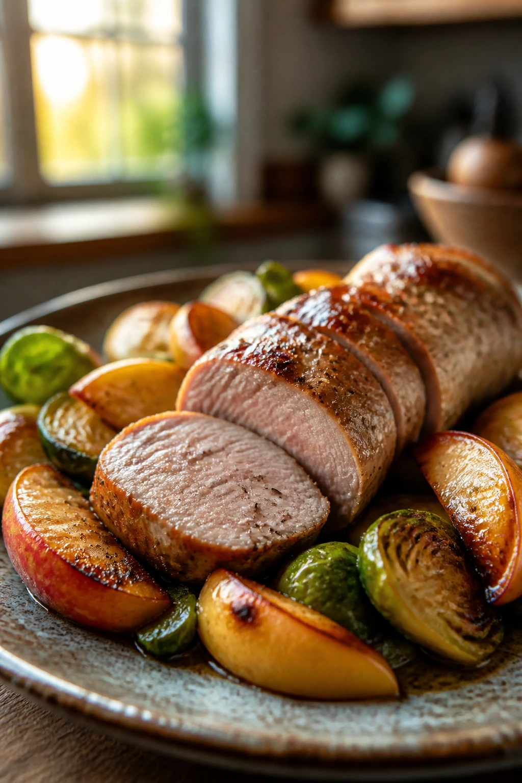 Close-up of pork tenderloin with apples and Brussels sprouts on rustic plate in warm kitchen