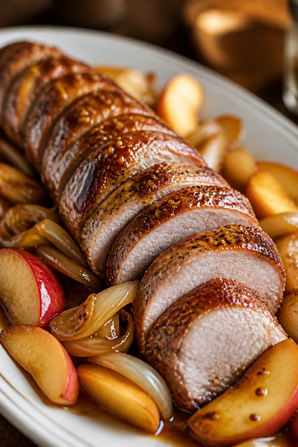 Pork tenderloin with apples and glaze on a cutting board