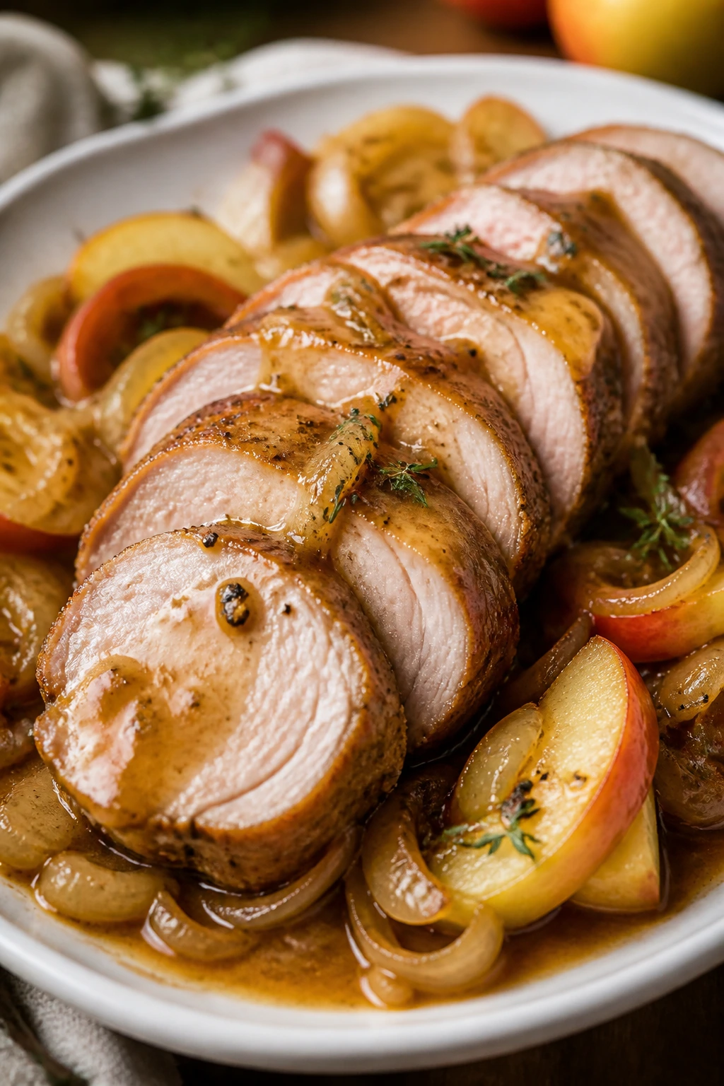 Close-up pork tenderloin with apple-onion pan sauce