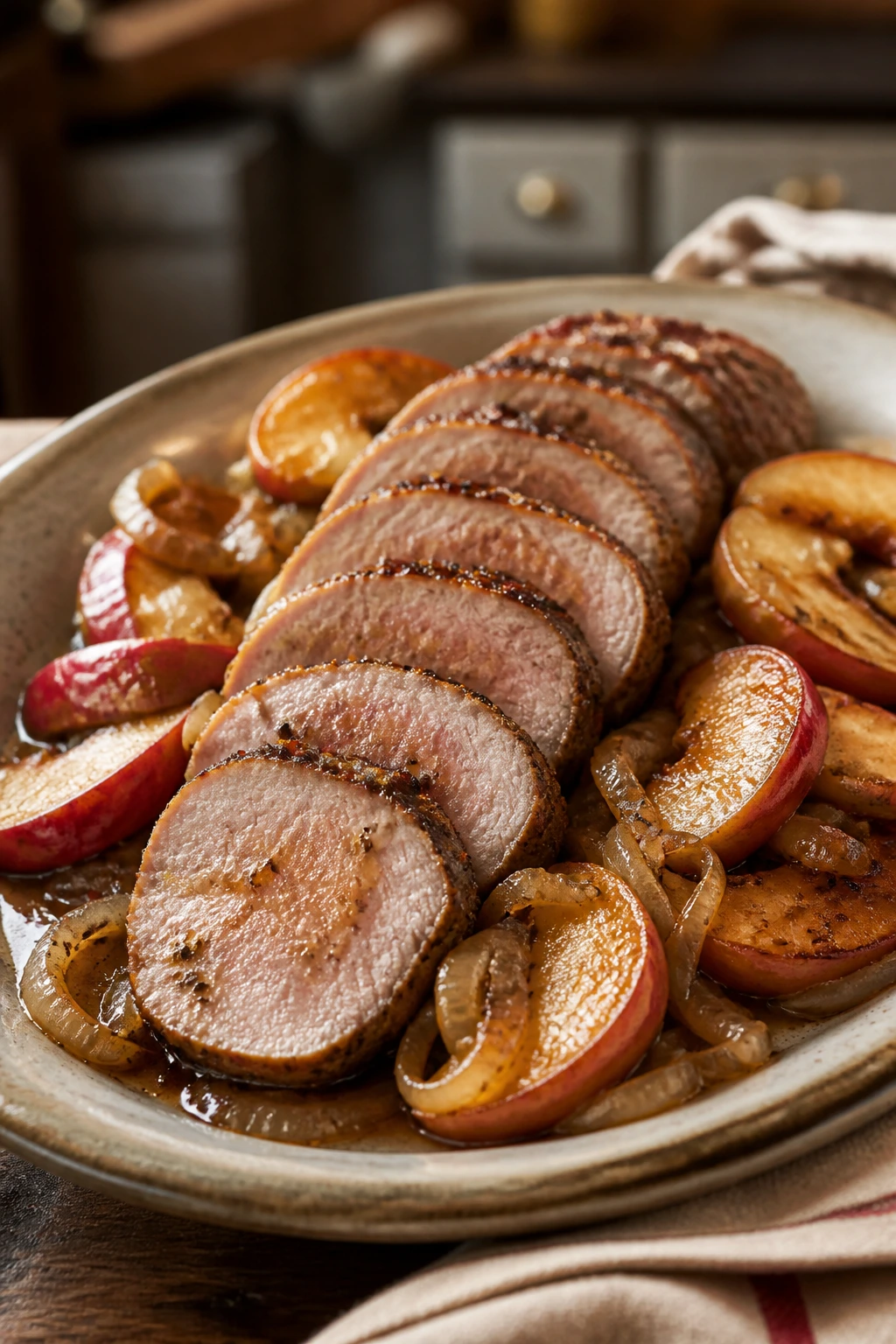 Sliced pork tenderloin with apples and onions on a rustic plate