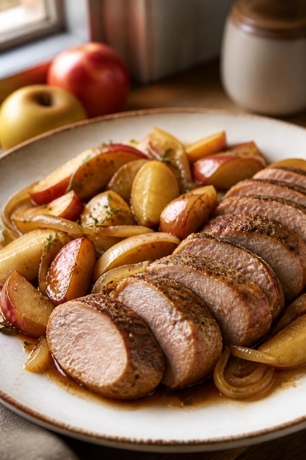Close-up of pork tenderloin with apples and onions on a plate in warm kitchen light