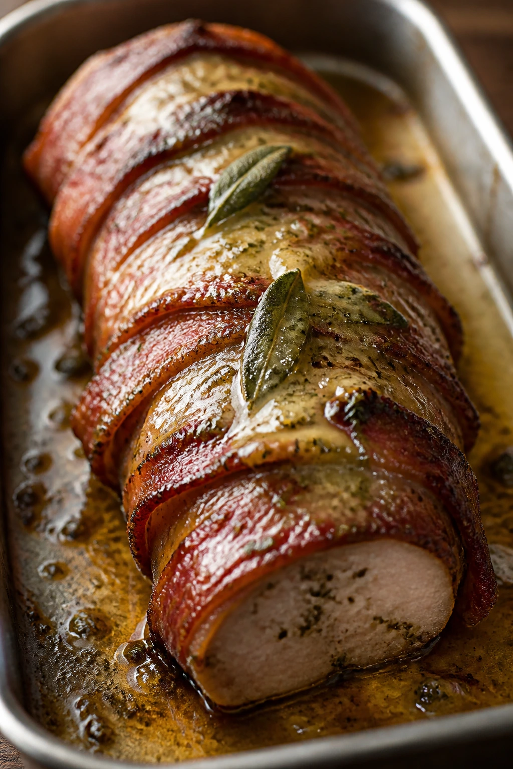 Close-up of bacon-wrapped pork tenderloin with sage butter