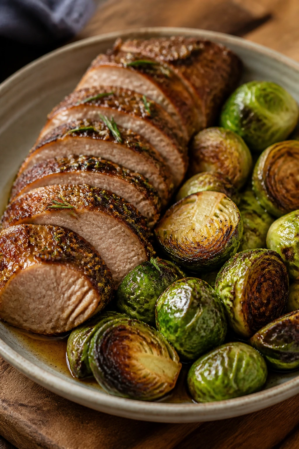Roasted pork tenderloin with Brussels sprouts on plate