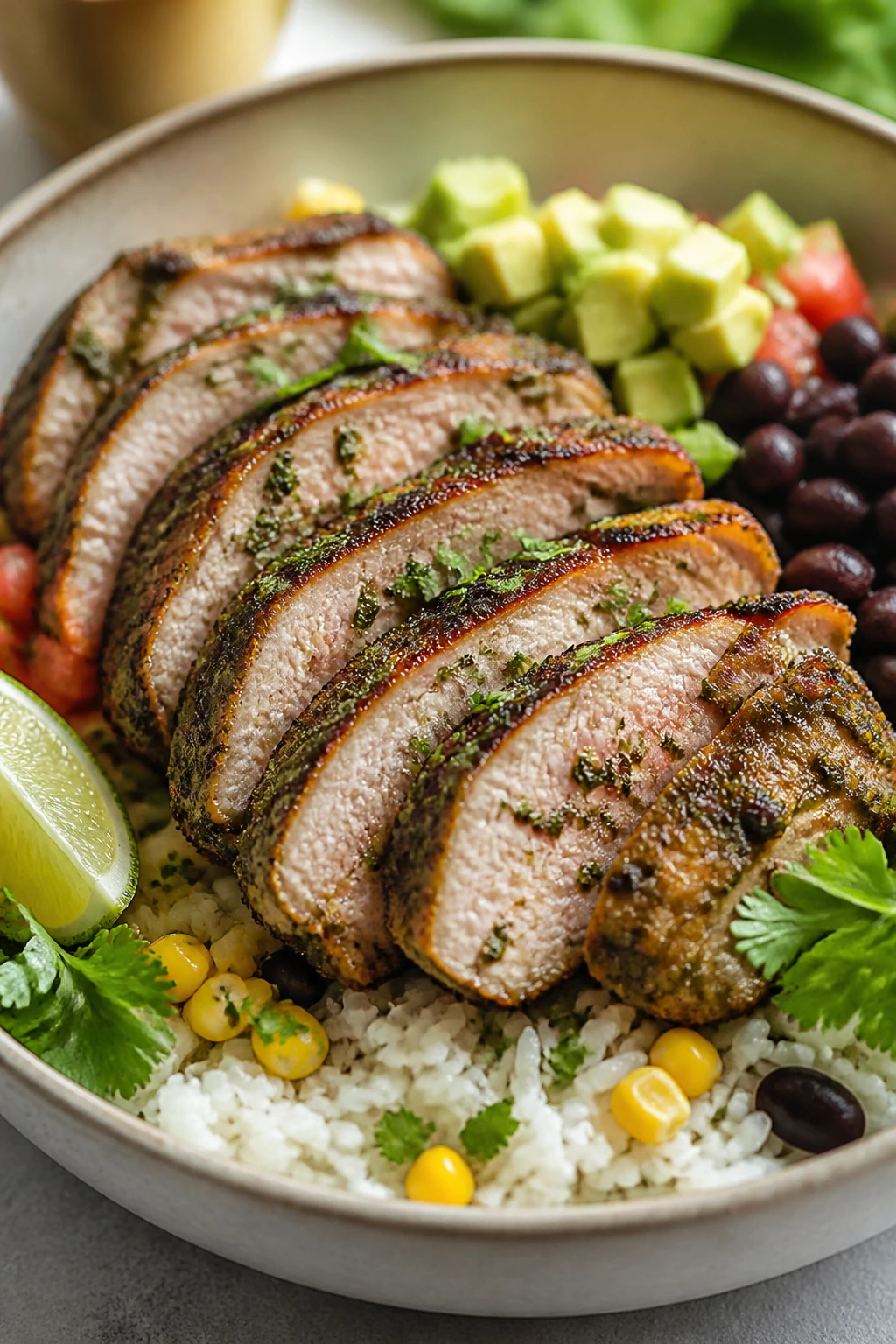 Sliced cilantro-lime pork tenderloin with rice and corn in a burrito bowl