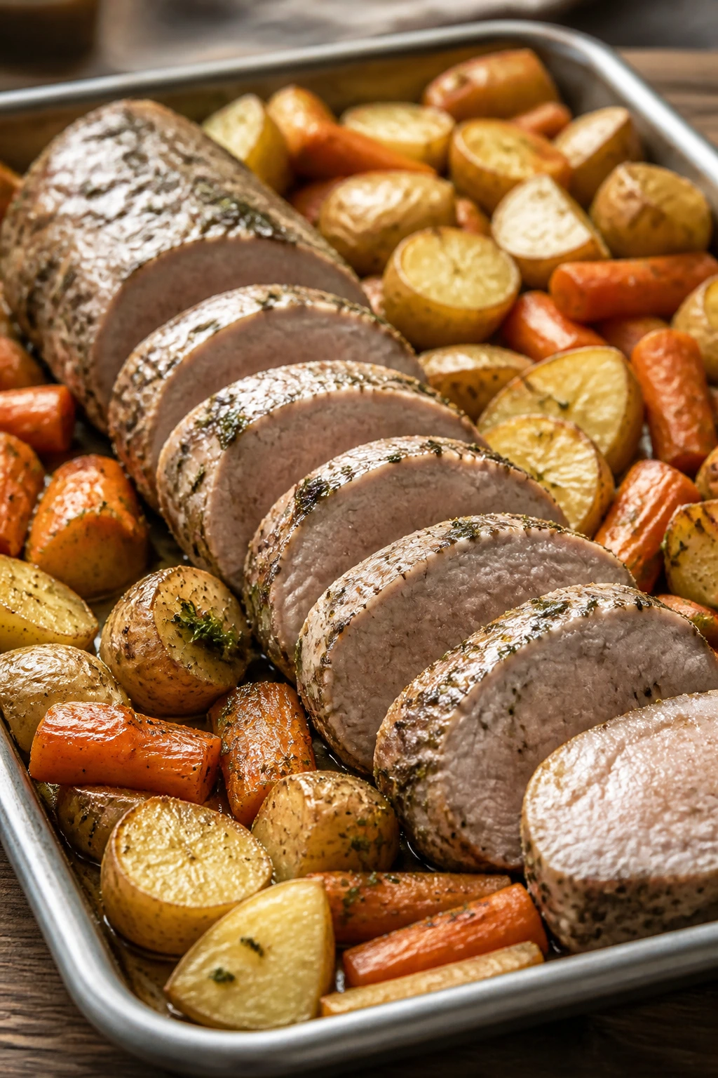 Close-up of ranch-seasoned pork tenderloin with carrots and potatoes on a sheet pan