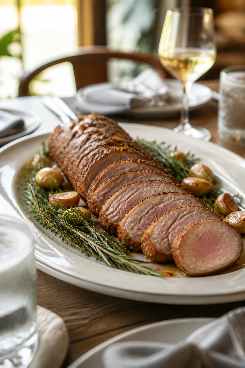 Pork tenderloin centerpiece plated at center of table