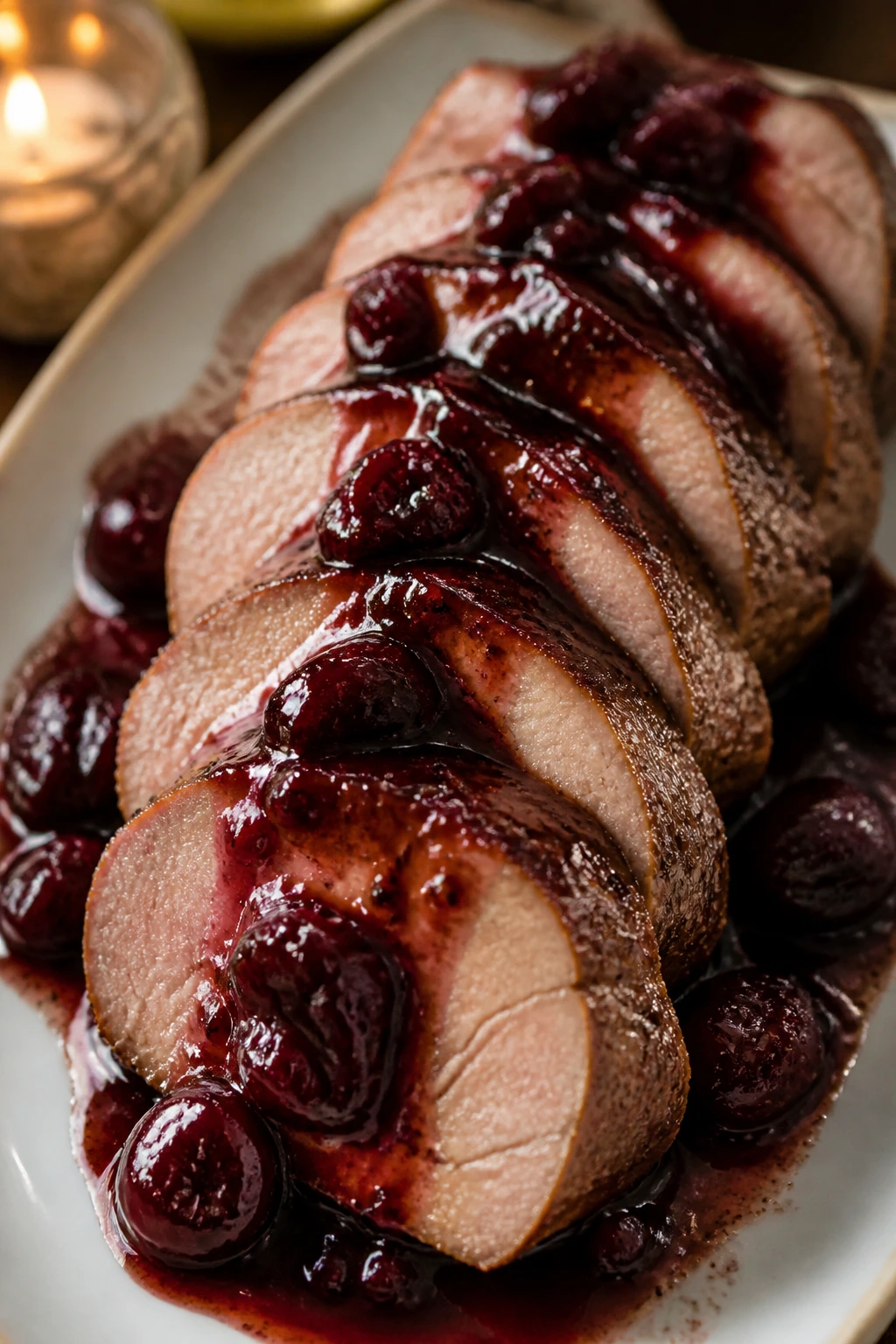 Pork tenderloin sliced with cherry balsamic glaze on a plate