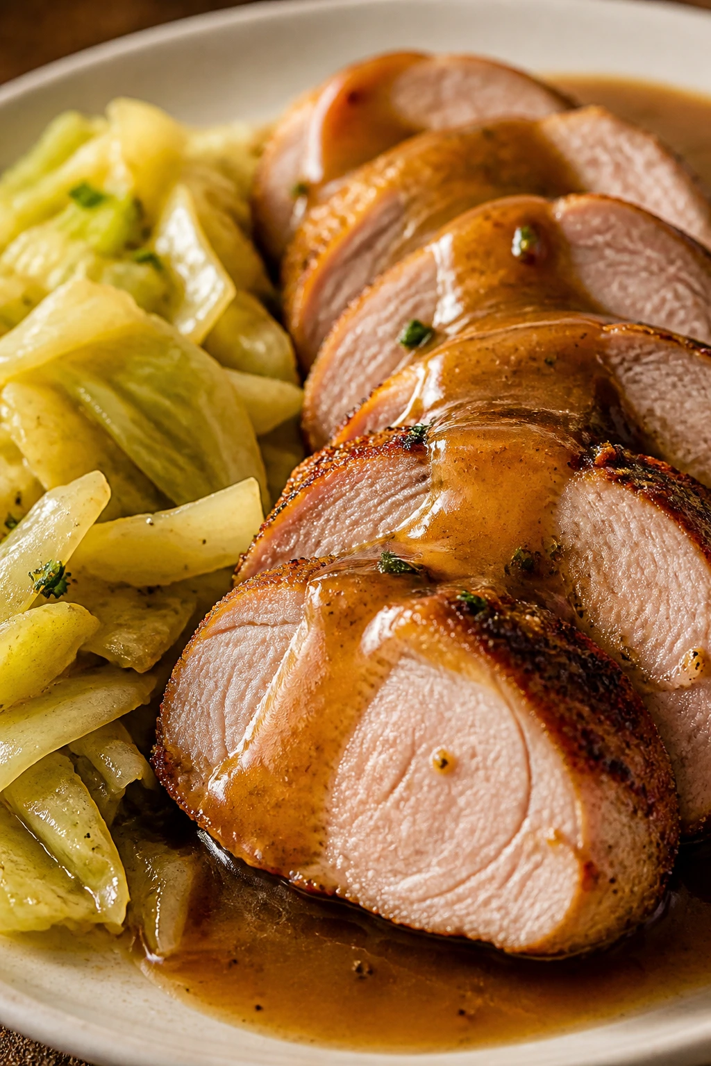 Close-up of pork tenderloin with cider sauce and buttery cabbage