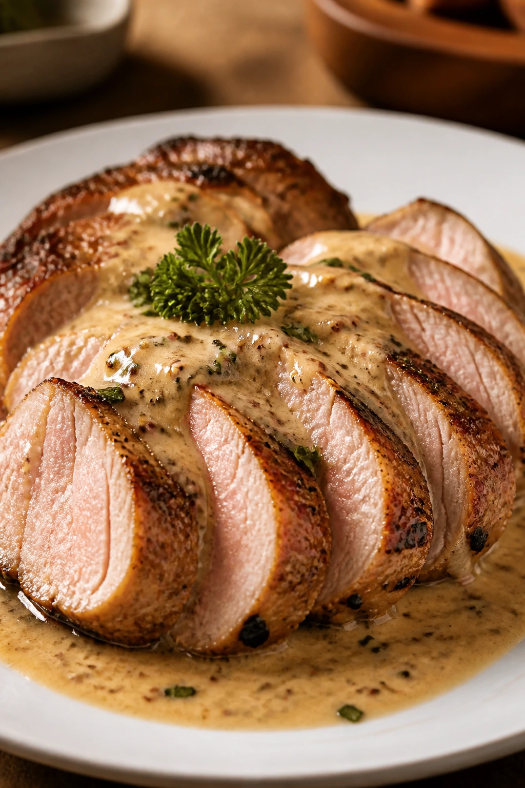 Close-up of pork tenderloin with Dijon cream sauce on a white plate in a cozy kitchen