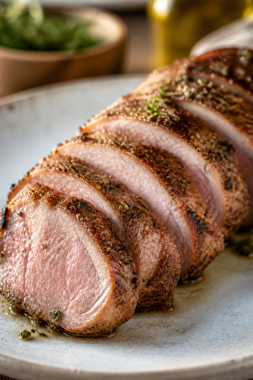 Pork tenderloin slices on a plate in a warm kitchen setting.