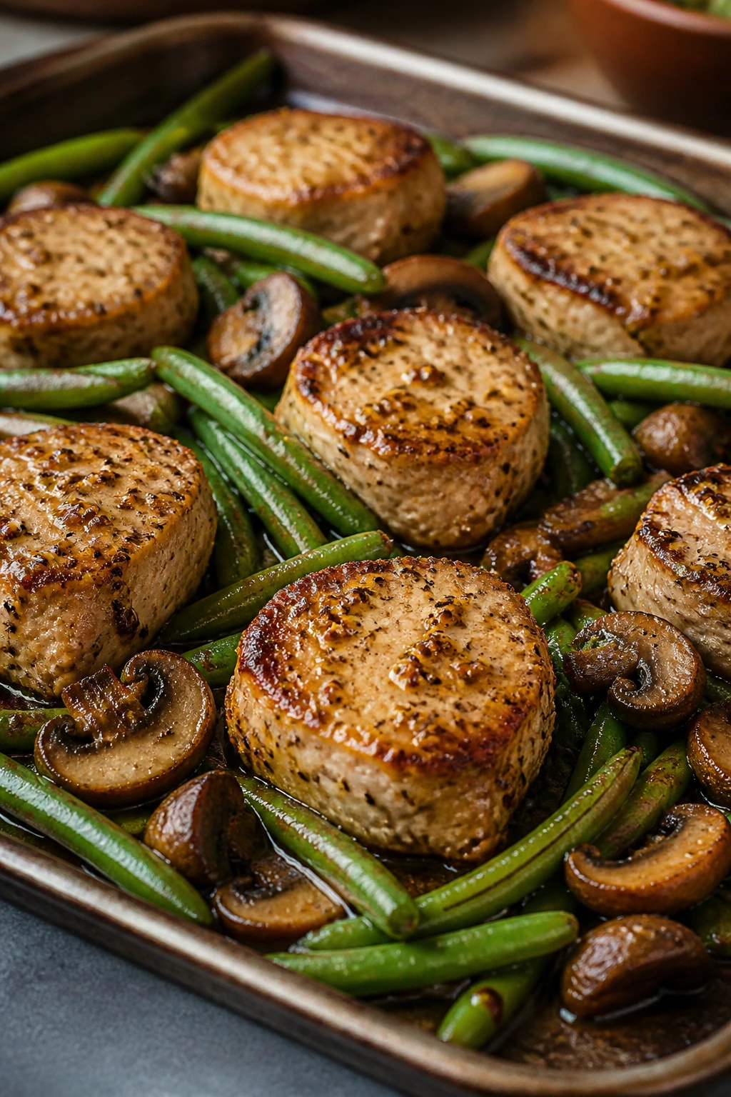 Pork tenderloin medallions with green beans and mushrooms on a sheet pan