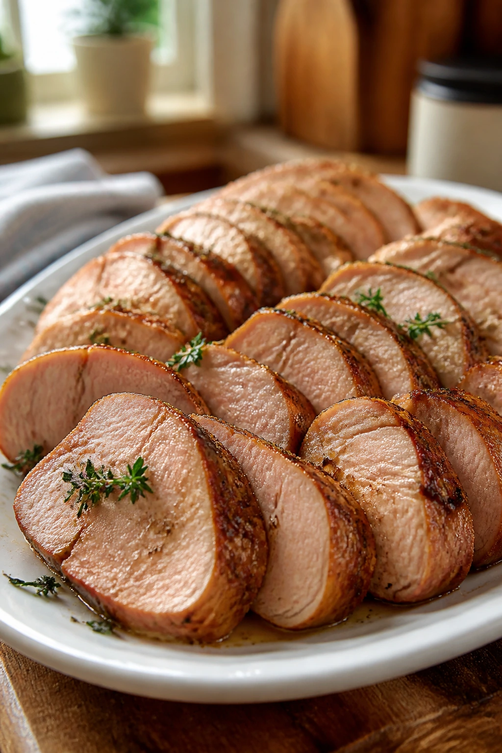 Close-up of sliced pork tenderloin medallions on a plate in a warm kitchen