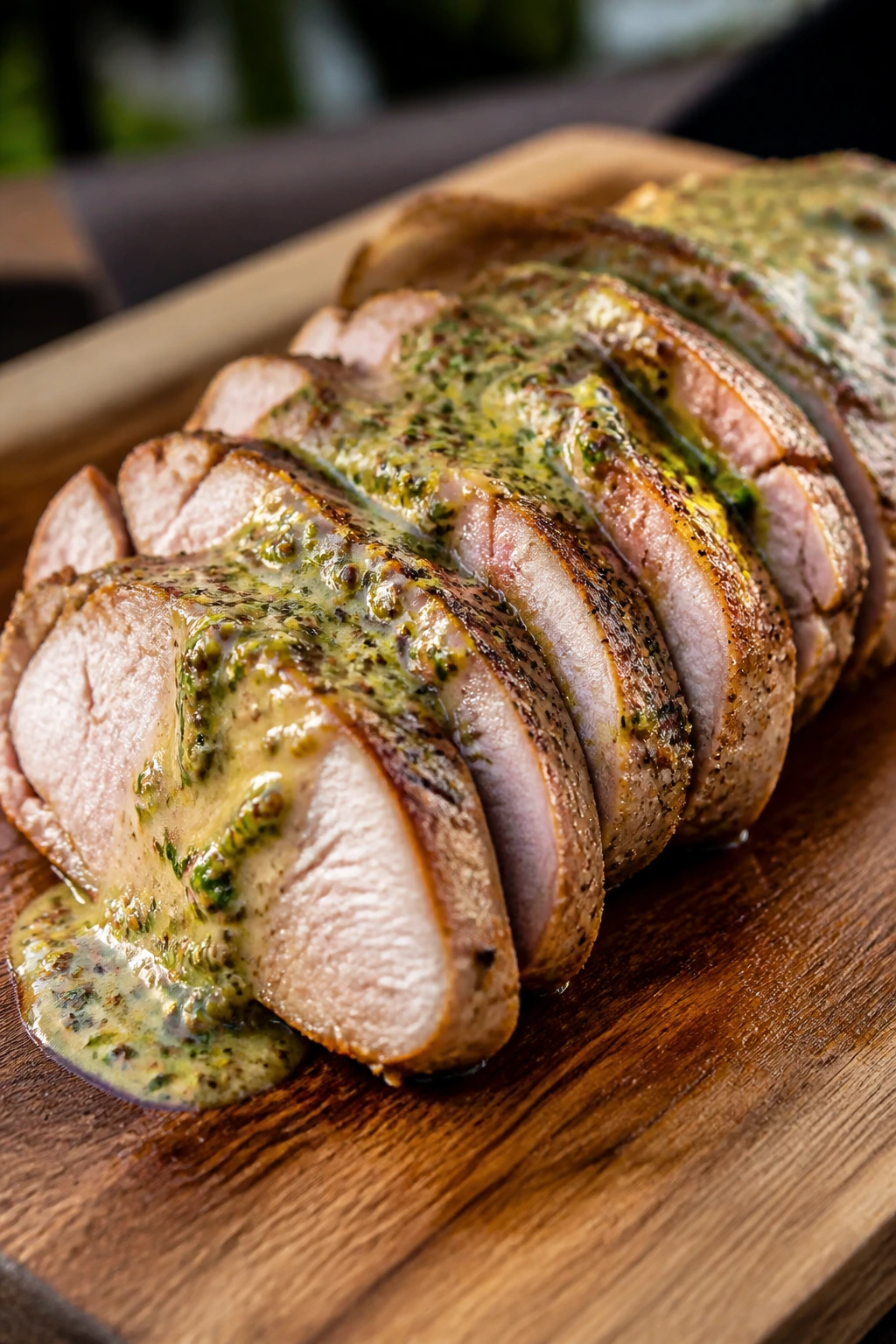Pork tenderloin slices with mustard herb sauce on a wooden board in a backyard kitchen.