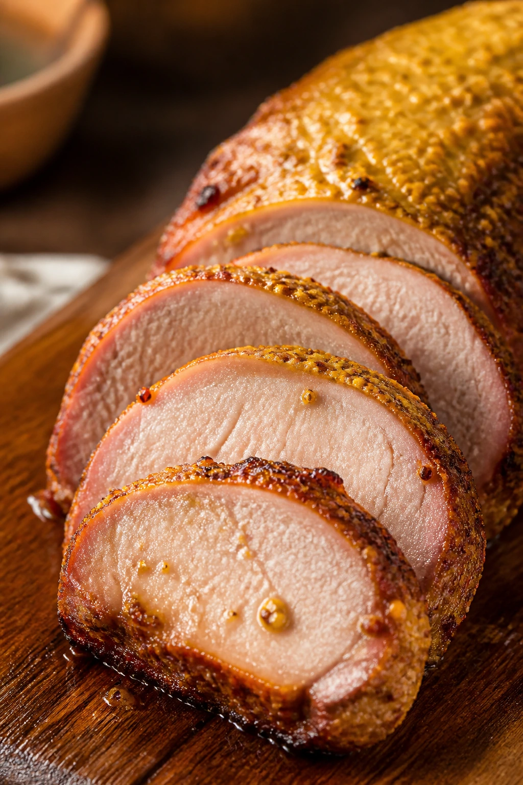 Pork tenderloin with mustard crust on a wooden board