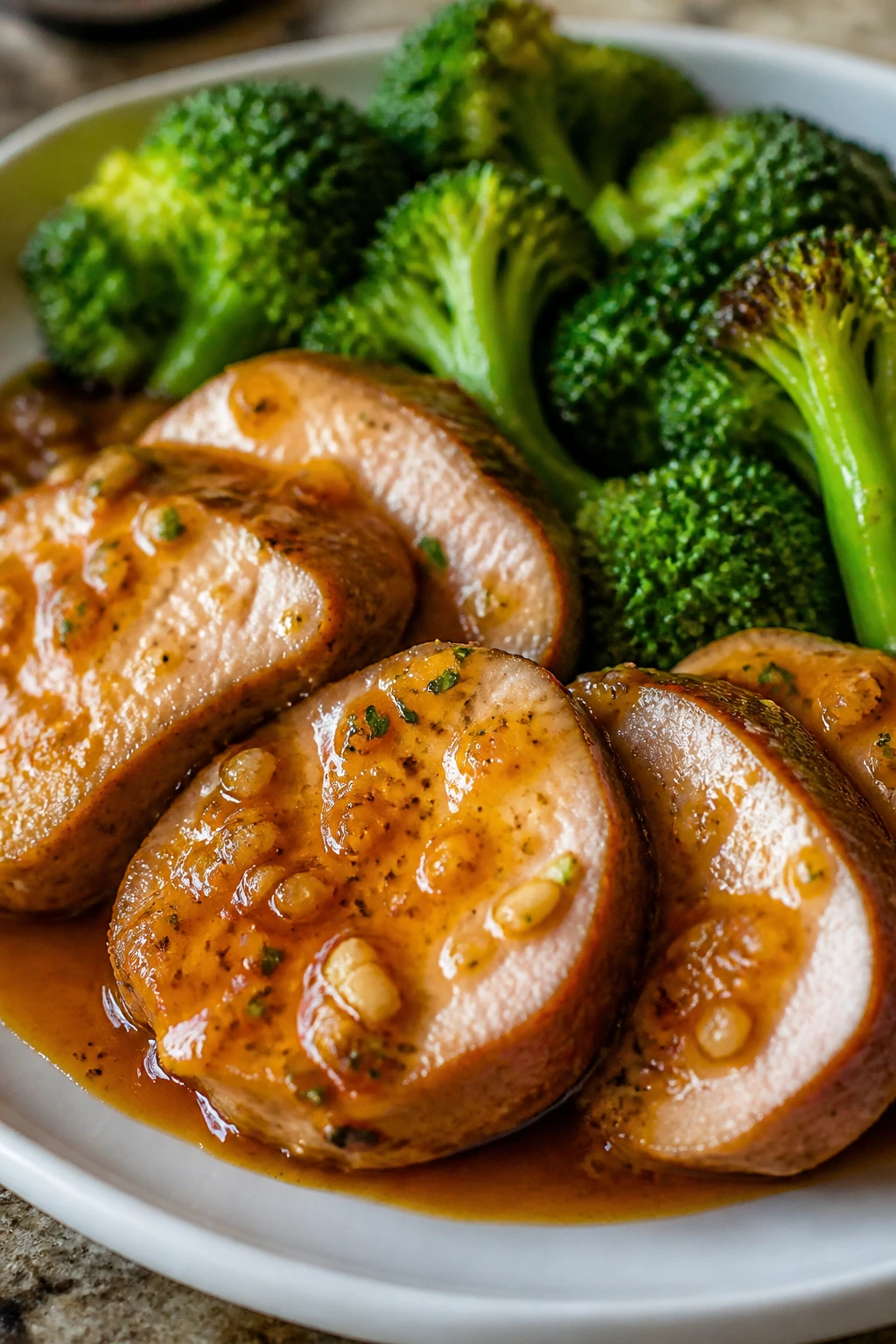 Close-up of orange-garlic pork tenderloin with broccoli