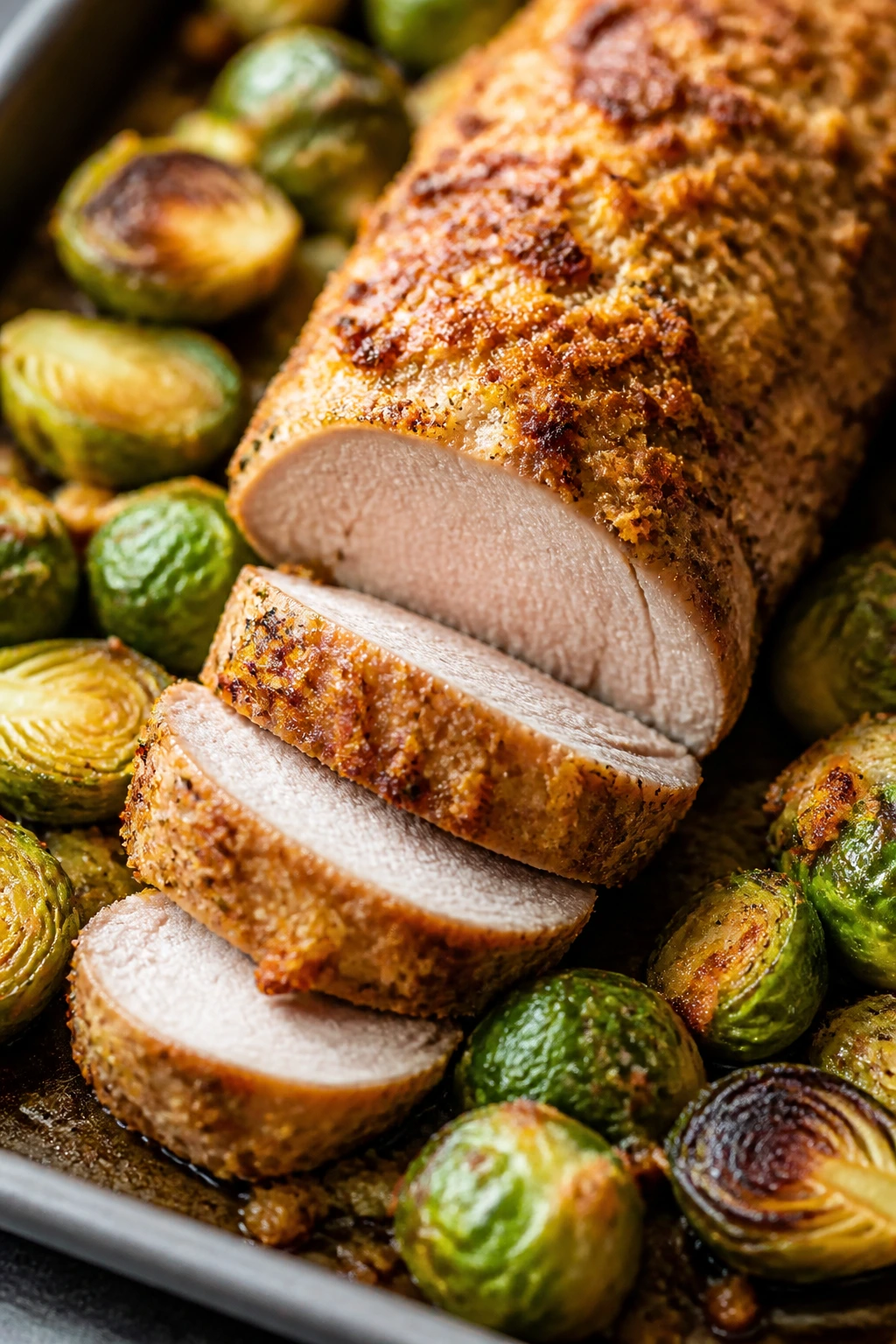Close-up of parmesan-crusted pork tenderloin with Brussels sprouts