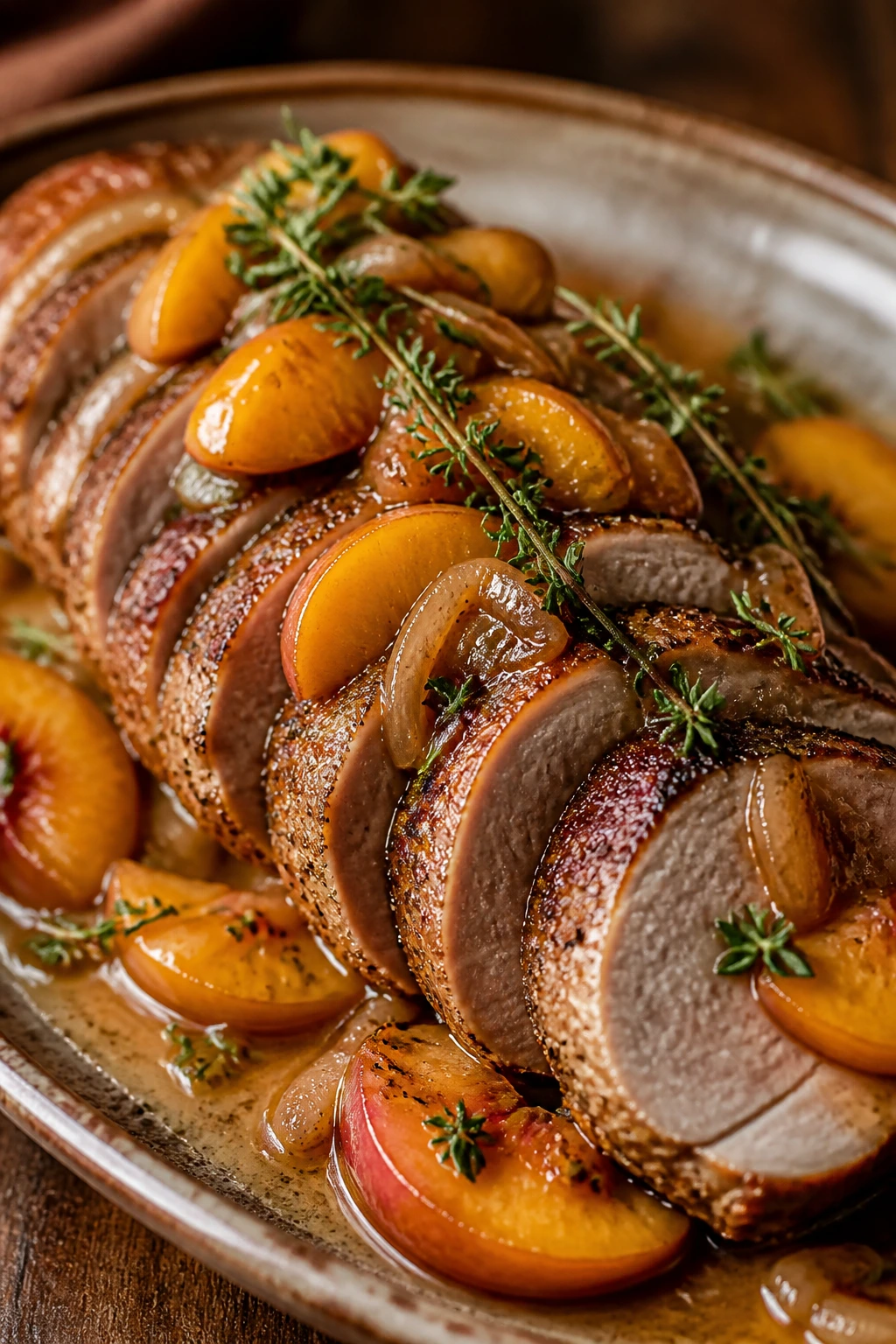 Close-up of pork tenderloin with peaches and thyme