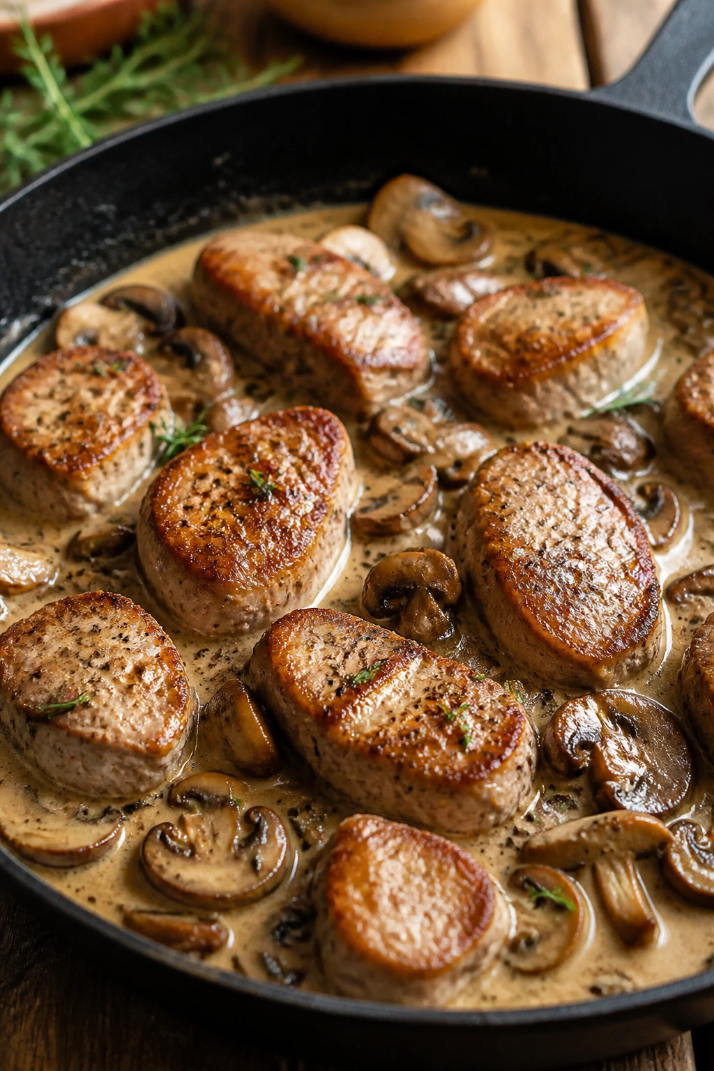 Close-up of creamy mushroom pork tenderloin medallions in a skillet