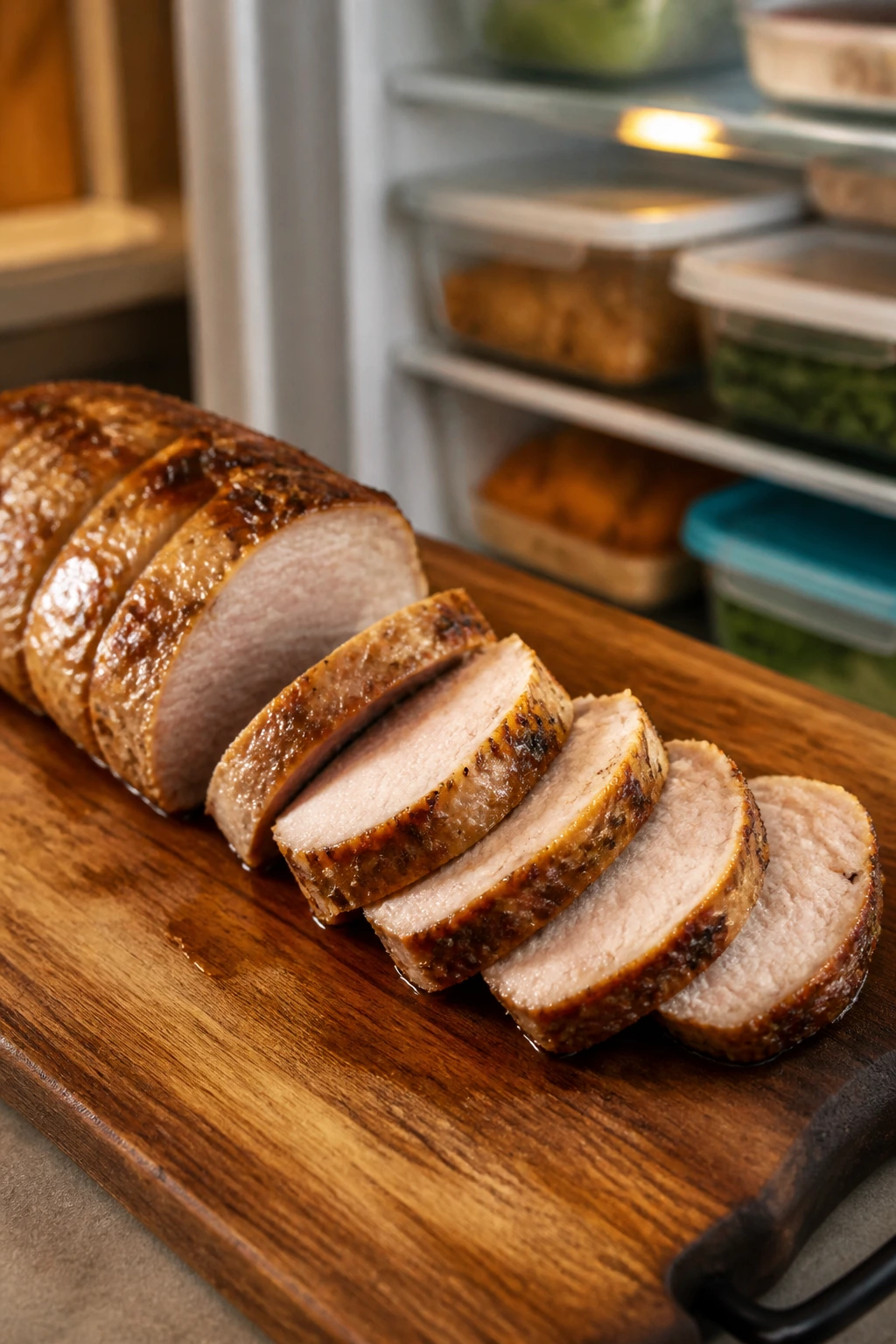 Close-up of sliced pork tenderloin on a cutting board with a fridge in the background, illustrating make-ahead storage and reheating guidance.