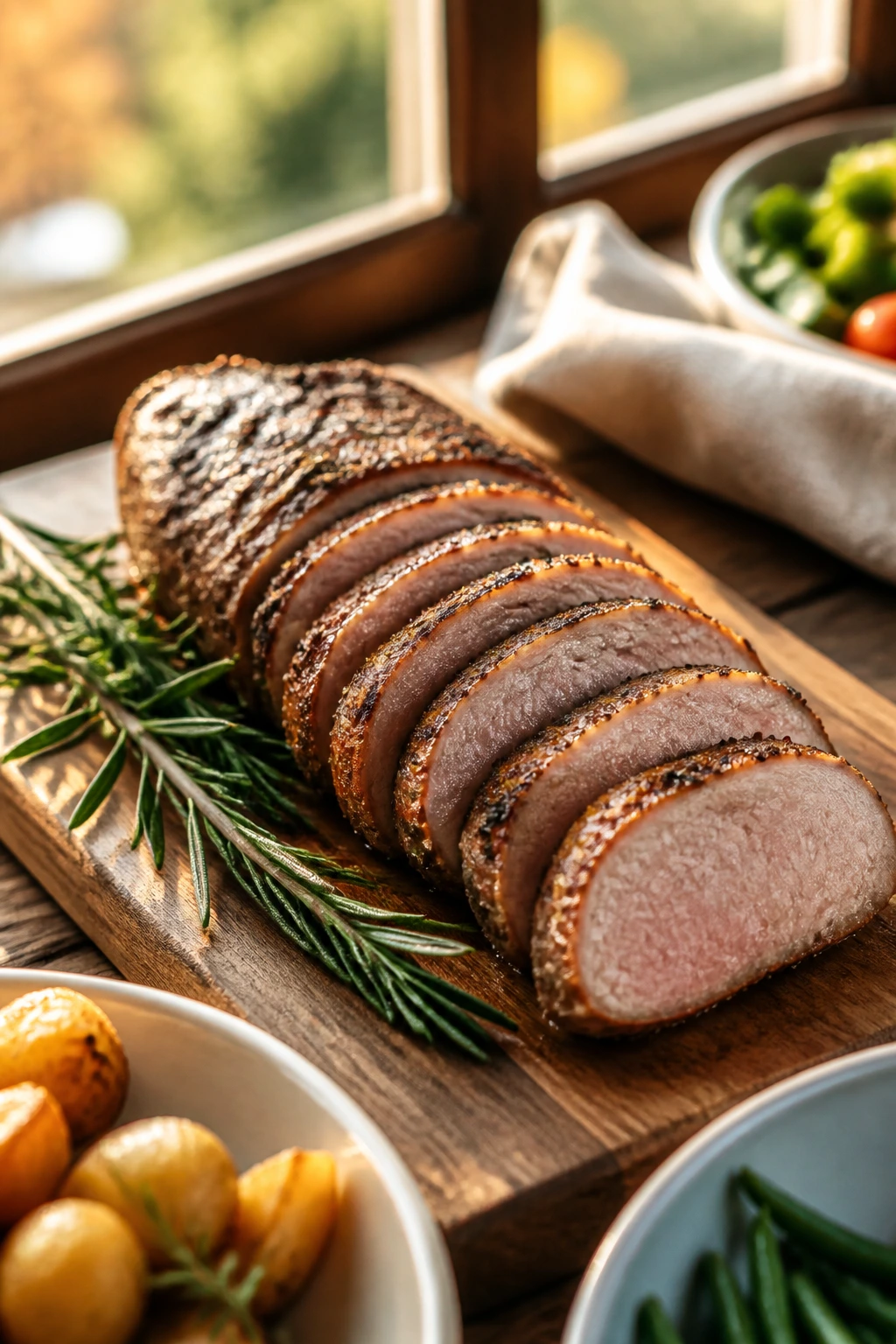 Roasted pork tenderloin slices on a wooden board by a window with warm light.