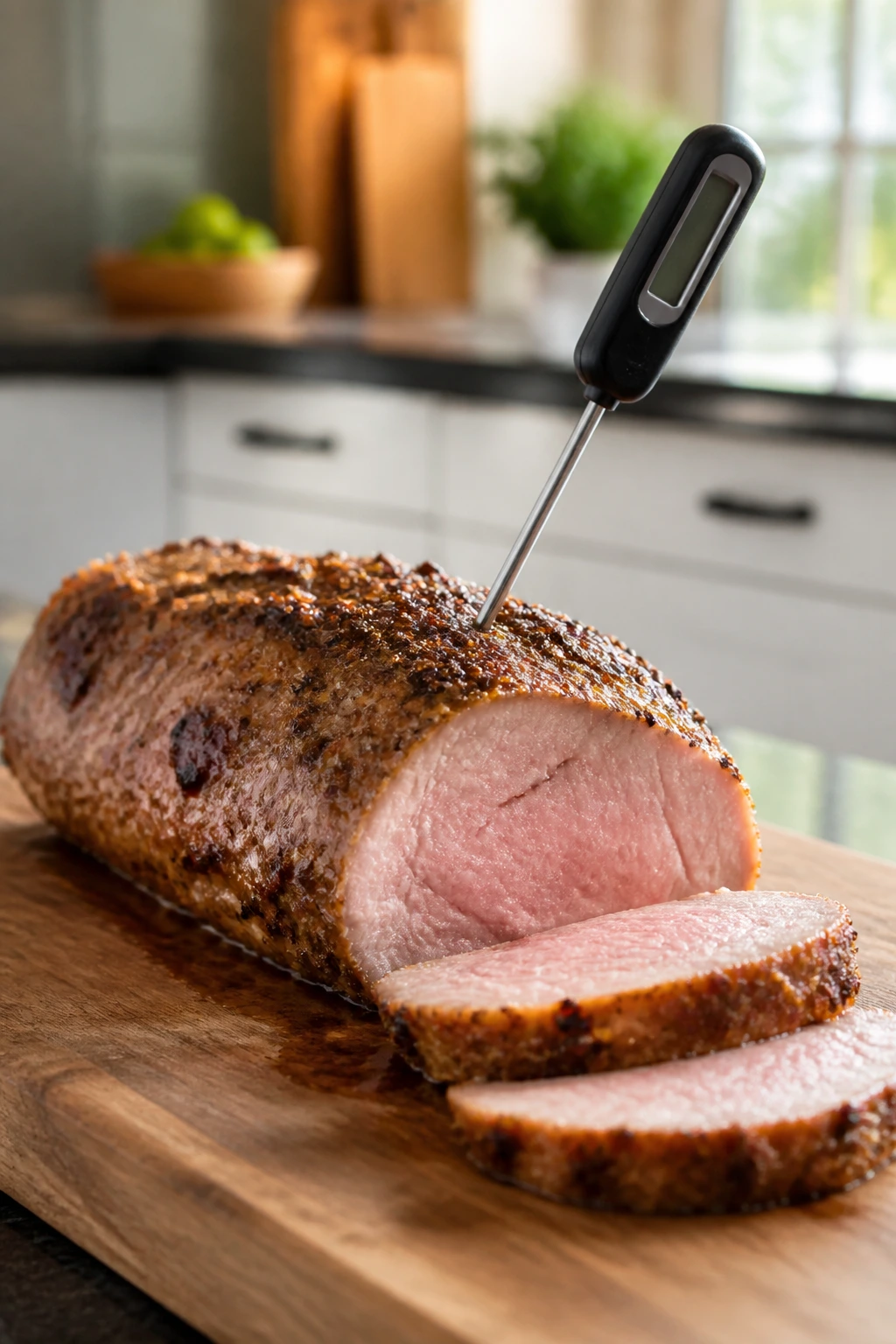 Pork tenderloin on a cutting board with thermometer showing proper doneness.