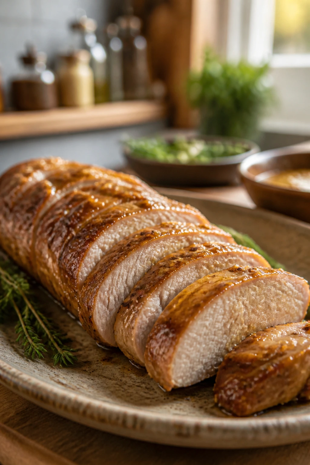 Pork tenderloin with glossy glaze on a rustic plate, suggesting variations and adaptations.