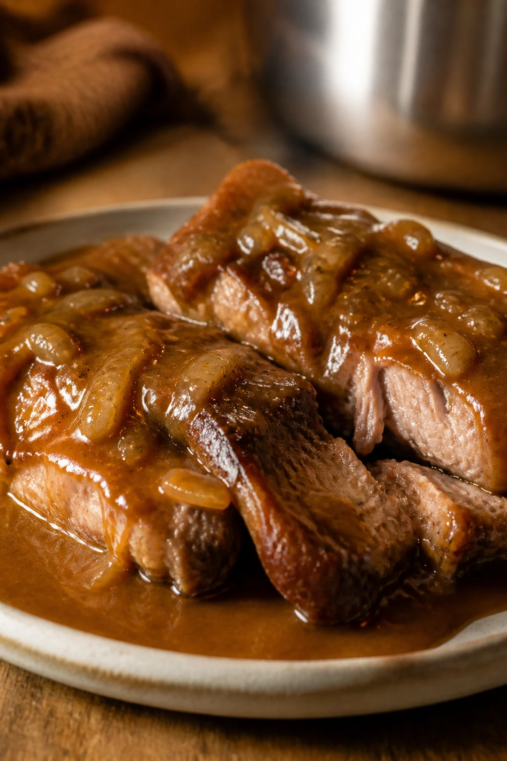 Pork ribs with pan gravy on a rustic plate