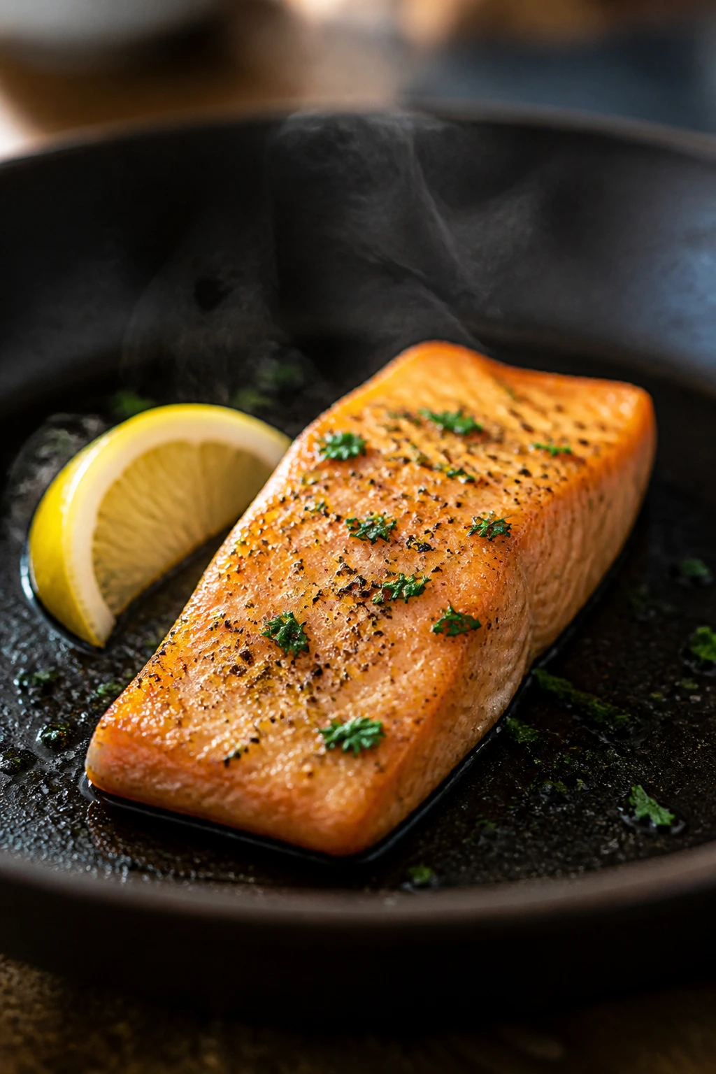 Salmon fillet cooking in a skillet with lemon, illustrating dinner size mistakes.